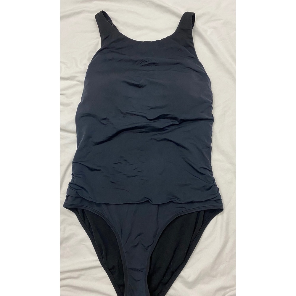 Jantzen One Piece Swimsuit Women Size 14 Black Ruched High Neck Criss Cross Back